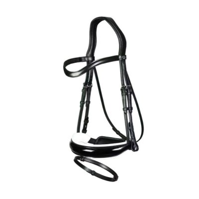 Dy'on Dressage Collection Flat Leather Patent Large Crank Noseband Bridle With White Padding and Flash - Image 2
