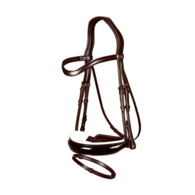 Dy'on Dressage Collection Flat Leather Patent Large Crank Noseband Bridle With White Padding and Flash - Image 3